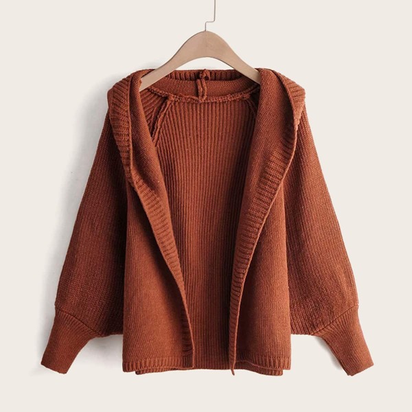 

Solid Open Front Rib-knit Hooded Cardigan, Brown
