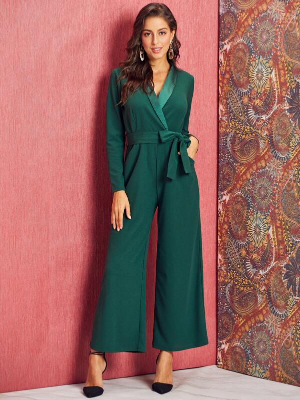 SBetro Shawl Collar Belted Wide Leg Jumpsuit, Green