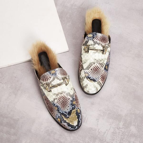 

Snakeskin Print Contrast Faux Fur Mule Flats, Multicolor