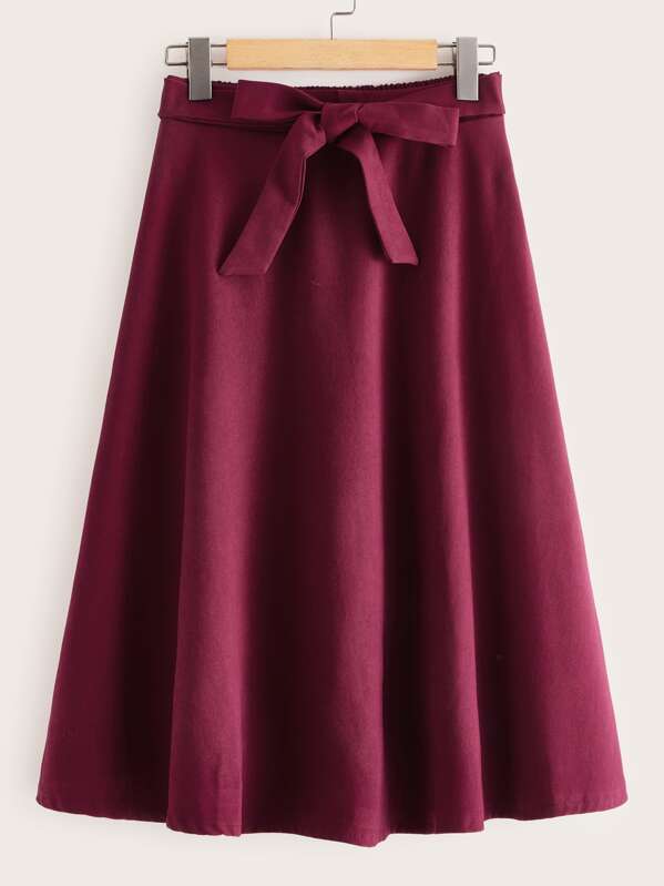 

Solid Self Tie Flared A-line Skirt, Burgundy, Mila