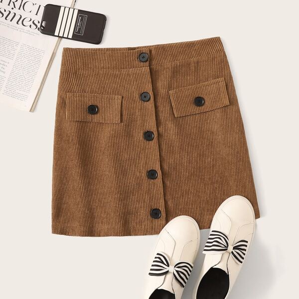 

Corduroy Button Front Mini Skirt, Brown