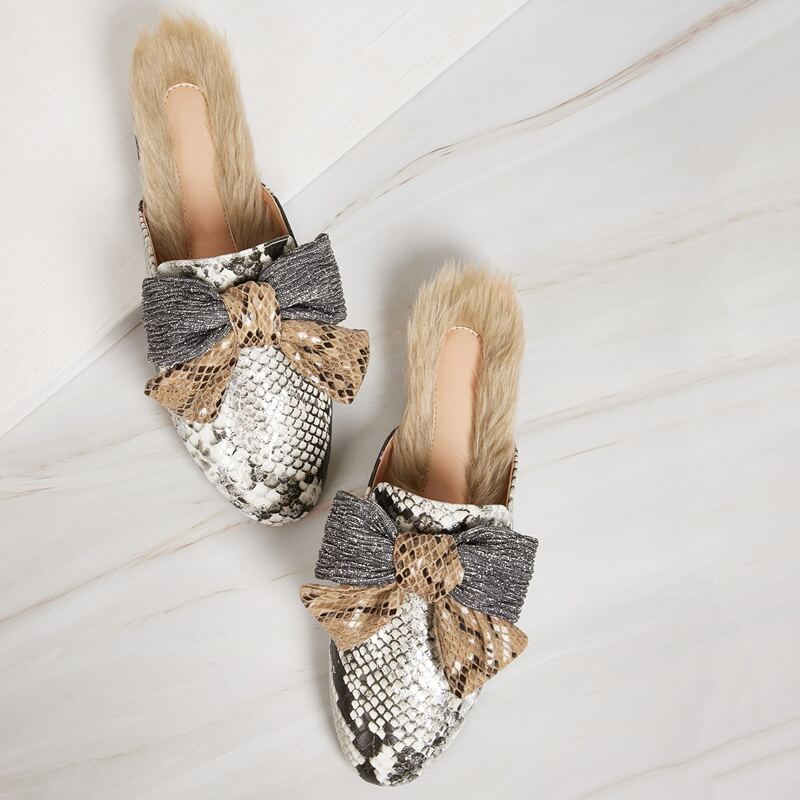 

Glitter Bow Decor Contrast Faux Fur Mule Flats, Multicolor