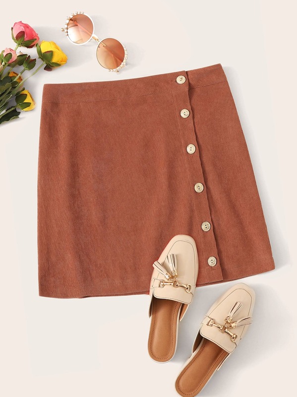

Corduroy Button Front Mini Skirt, Brown