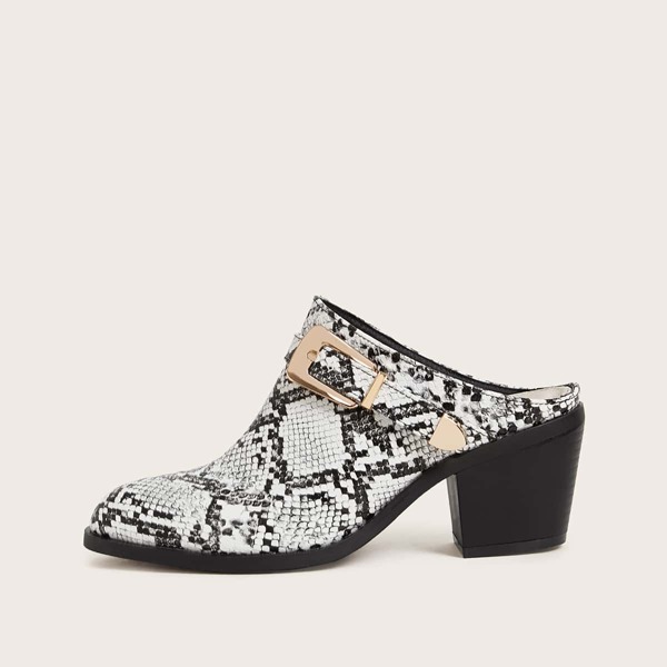 

Snake Buckle Side Mule Heels, Multicolor