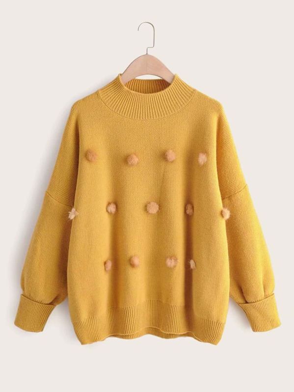 

Solid Pom Pom Mock Neck Sweater, Yellow