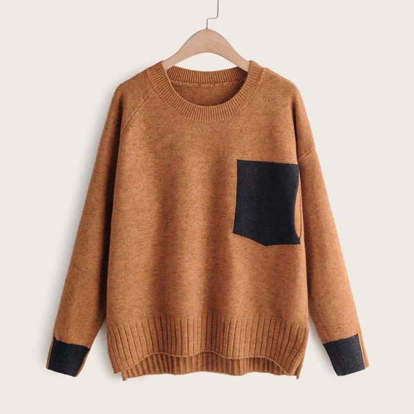 

Contrast Panel Raglan Sleeve High Low Sweater, Brown