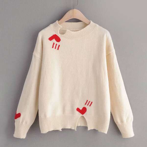 

Heart Pattern Ripped Drop Shoulder Sweater