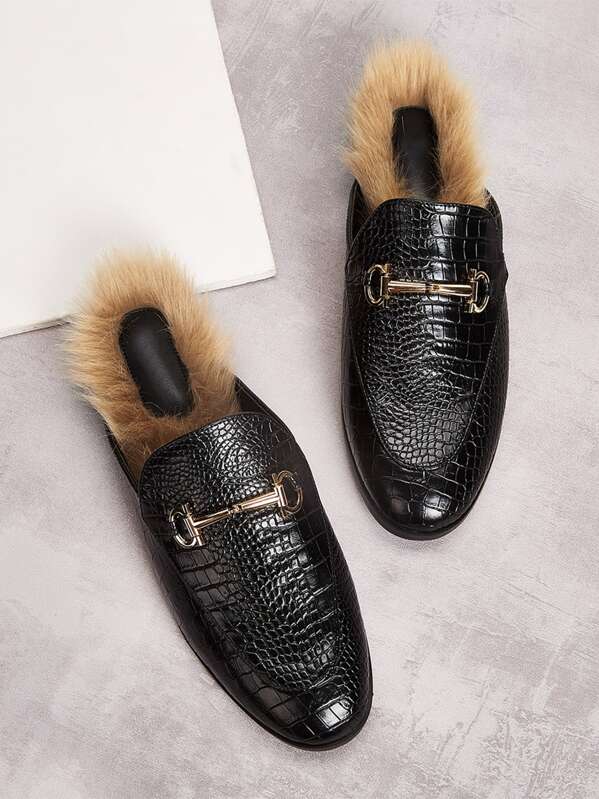 

Croc Embossed Snaffle Contrast Faux Fur Mule Flats, Black