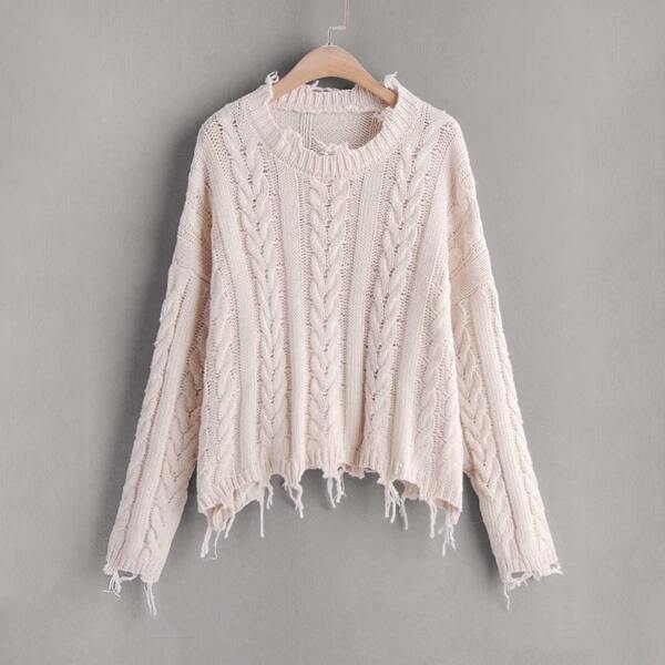 

Drop Shoulder Frayed Trim Cable Knit Sweater