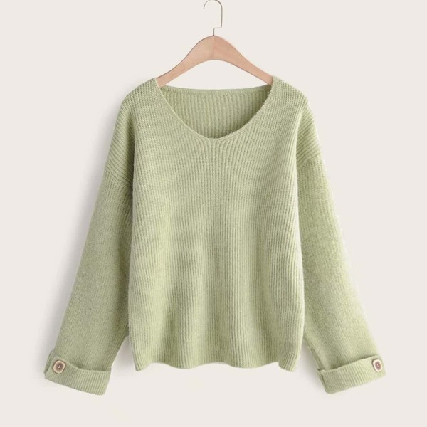 

Drop Shoulder Button Roll Up Sleeve Sweater, Green