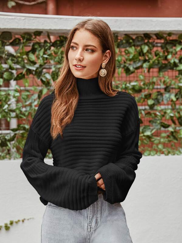 

Rib-Knit High Neck Drop Shoulder Sweater, Black, Debi Cruz