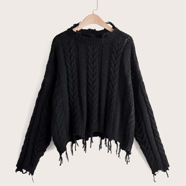 

Raw Hem Twist Cable Knit Solid Sweater