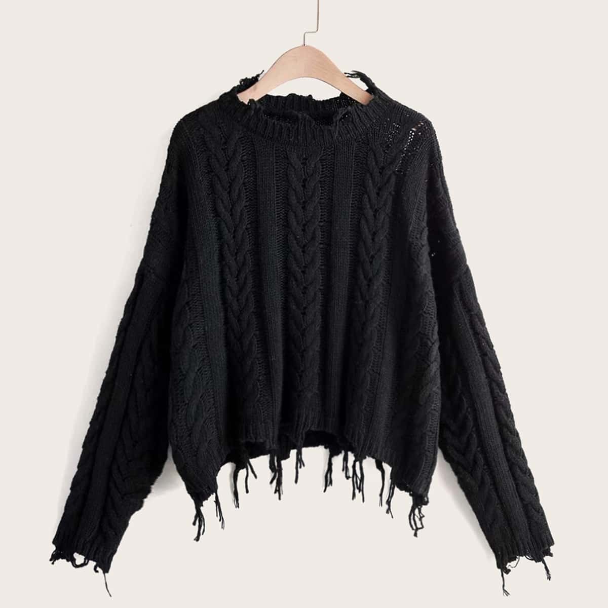

Raw Hem Twist Cable Knit Solid Sweater, Black
