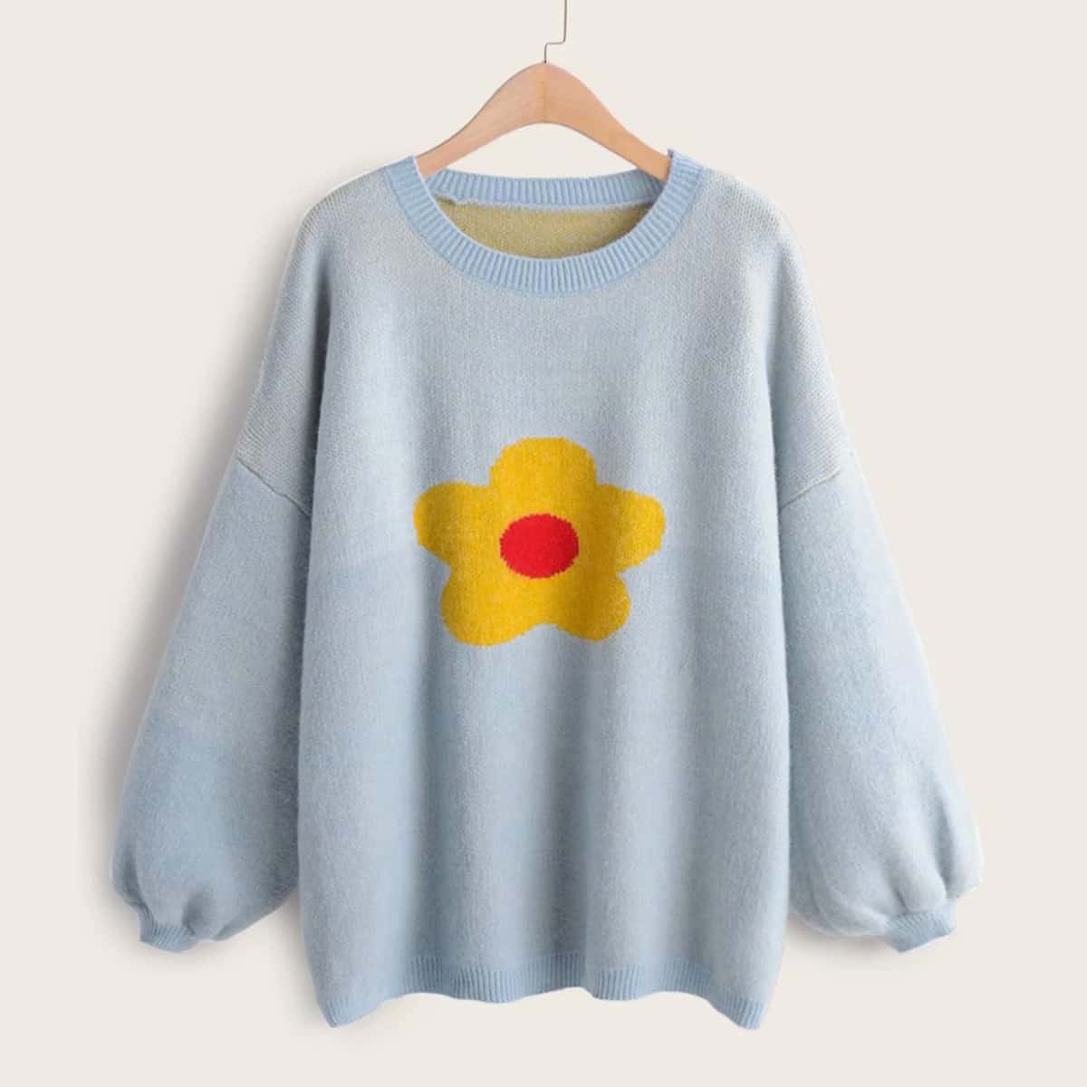 

Floral Print Drop Shoulder Bishop Sleeve Sweater, Blue