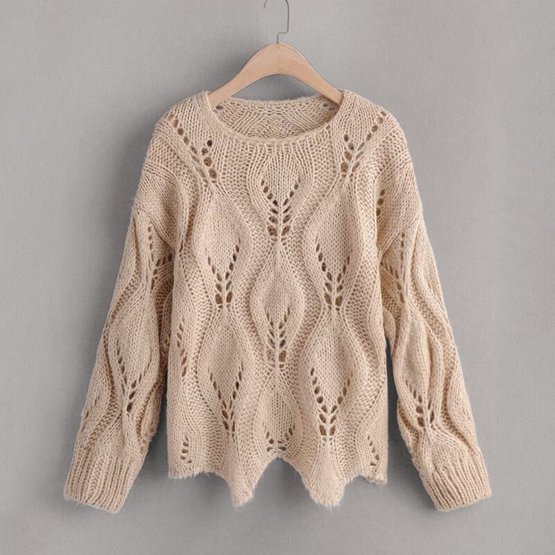 

Cable Knit Hollow Out Asymmetrical Hem Sweater, Beige