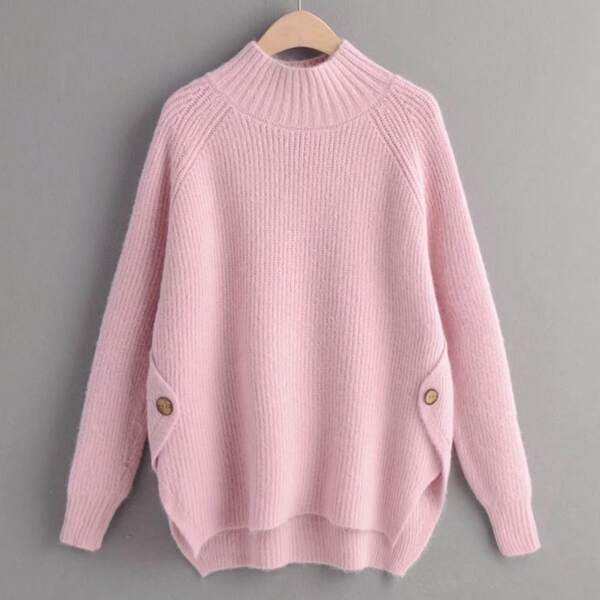 

Mock Neck Raglan Sleeve High Low Hem Sweater, Pink