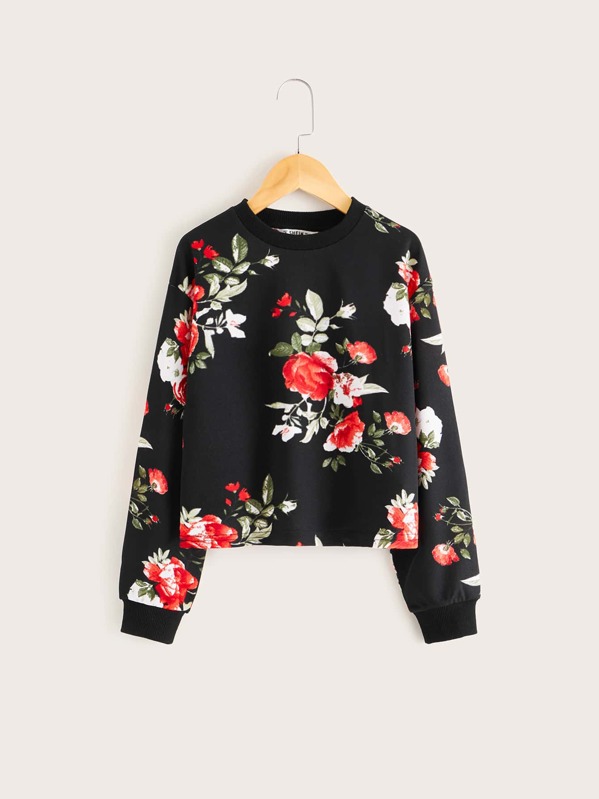 

Girls Botanical Print Sweatshirt, Black