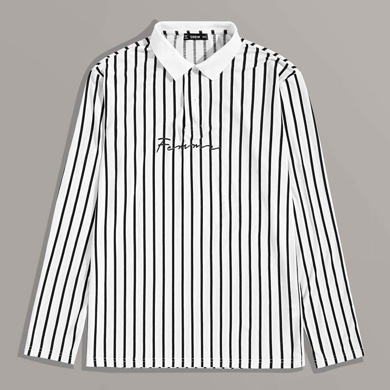 

Guys Striped and Letter Graphic Polo Shirt, Black and white