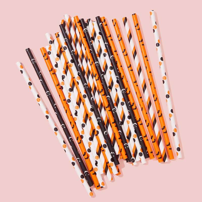 

25pcs Halloween Bat Print Decorative Paper Straw, Multicolor