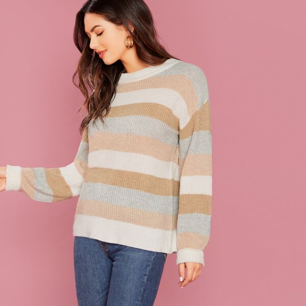 

Crew Neck Knit Stripe Pullover Sweater, Multicolor