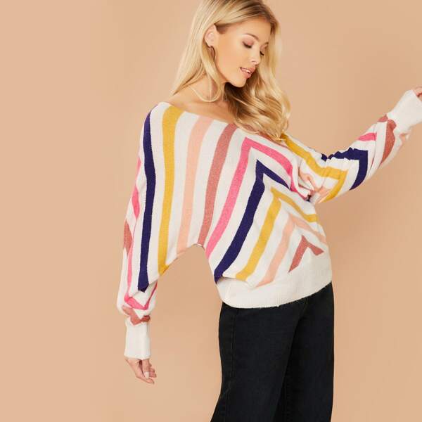 

V-Neck Chevron Stripe Pullover Sweater, Multicolor