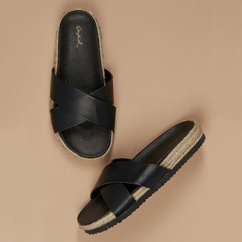 

Jute Trim Cross Band Open Toe Slide Sandals, Black