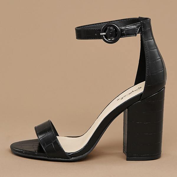 

Open Toe Crocodile Chunky Heel Sandals, Black