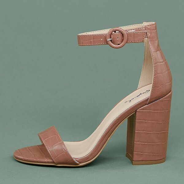 

Single Band Ankle Strap Croc Block Heel Sandals, Coffee brown