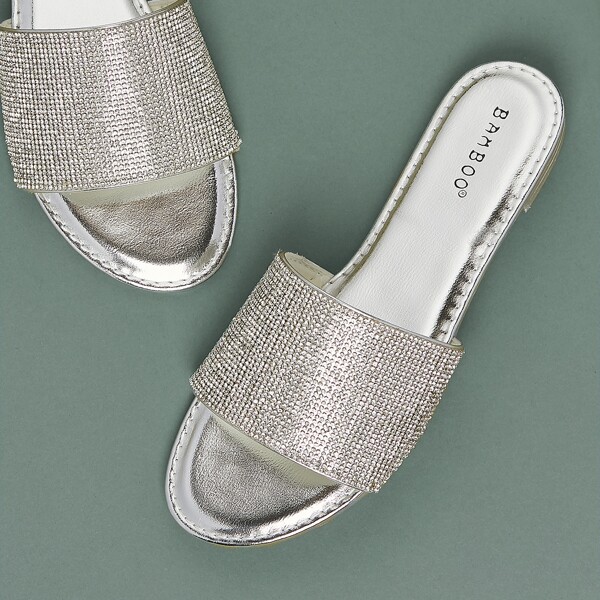 

Crystal Open Toe Band Metallic Slide Sandals, Silver