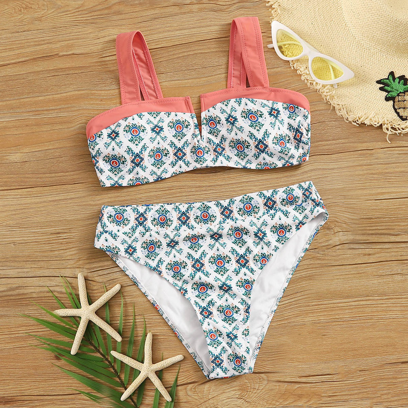 

V-cut Tribal Print Top With High Waist Bikini, Multicolor