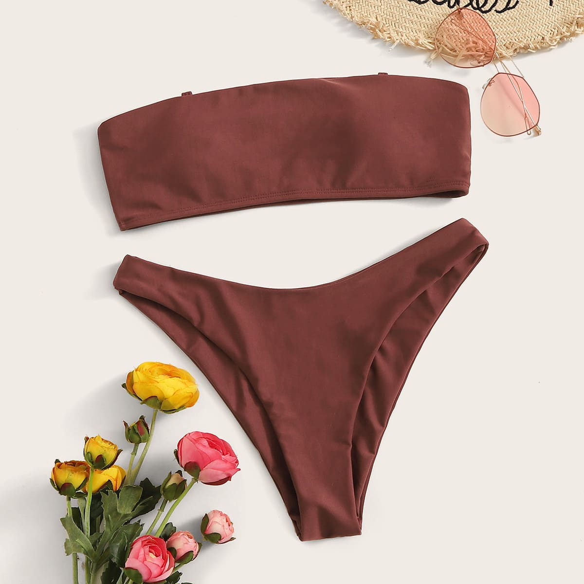 

Detachable Strap Bandeau With High Leg Bikini Set, Brown