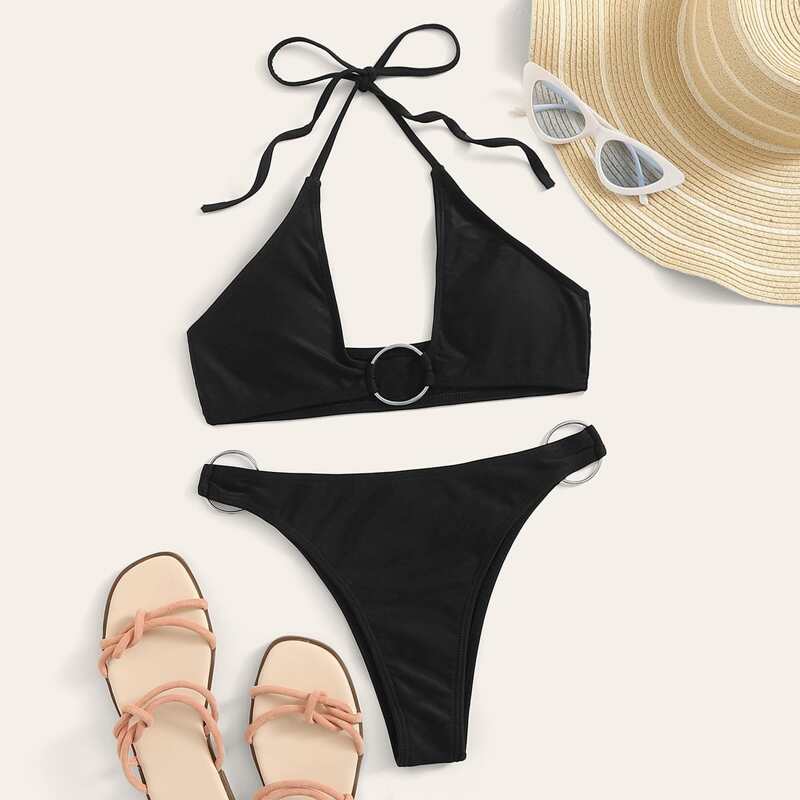 

O-ring Halter Top With High Cut Bikini Set, Black