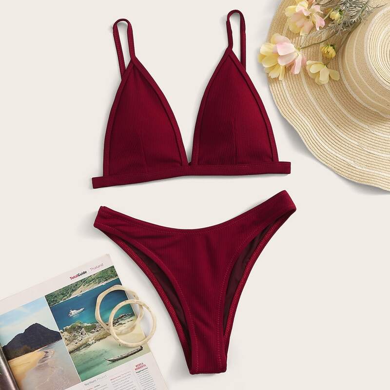 

Triangle Top With High Cut Bikini Set, Burgundy