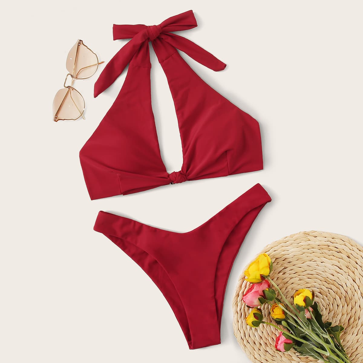 

Halter Twist Top With High Cut Bikini Set, Red