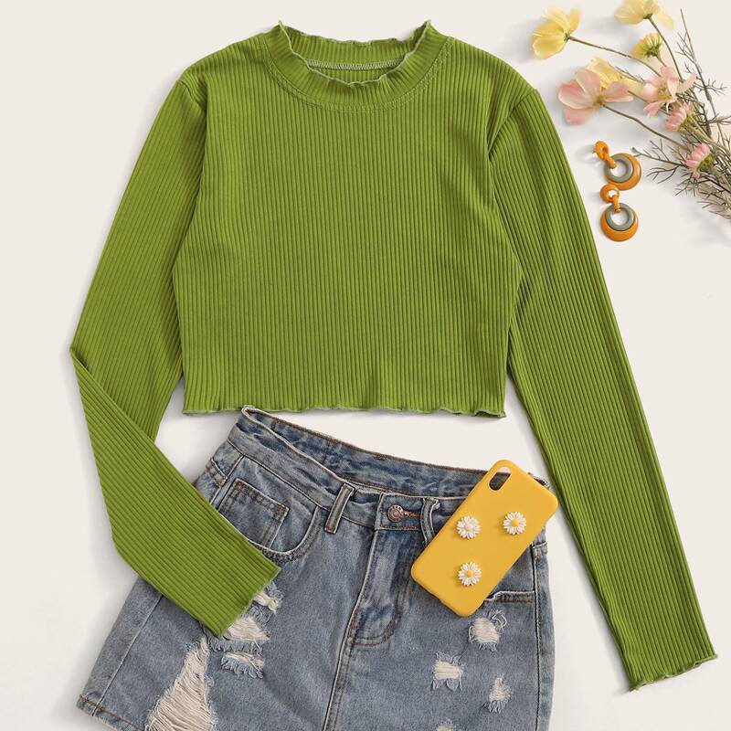 

Solid Lettuce Trim Ribbed Tee, Green