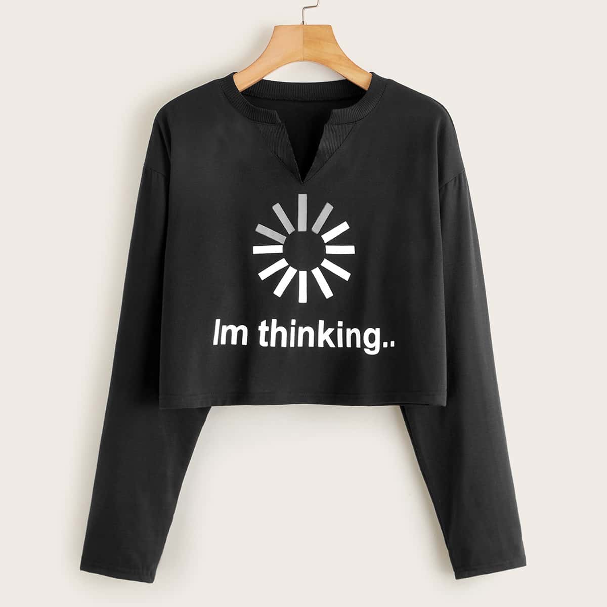 

Notched Collar Letter Graphic Crop Tee, Black