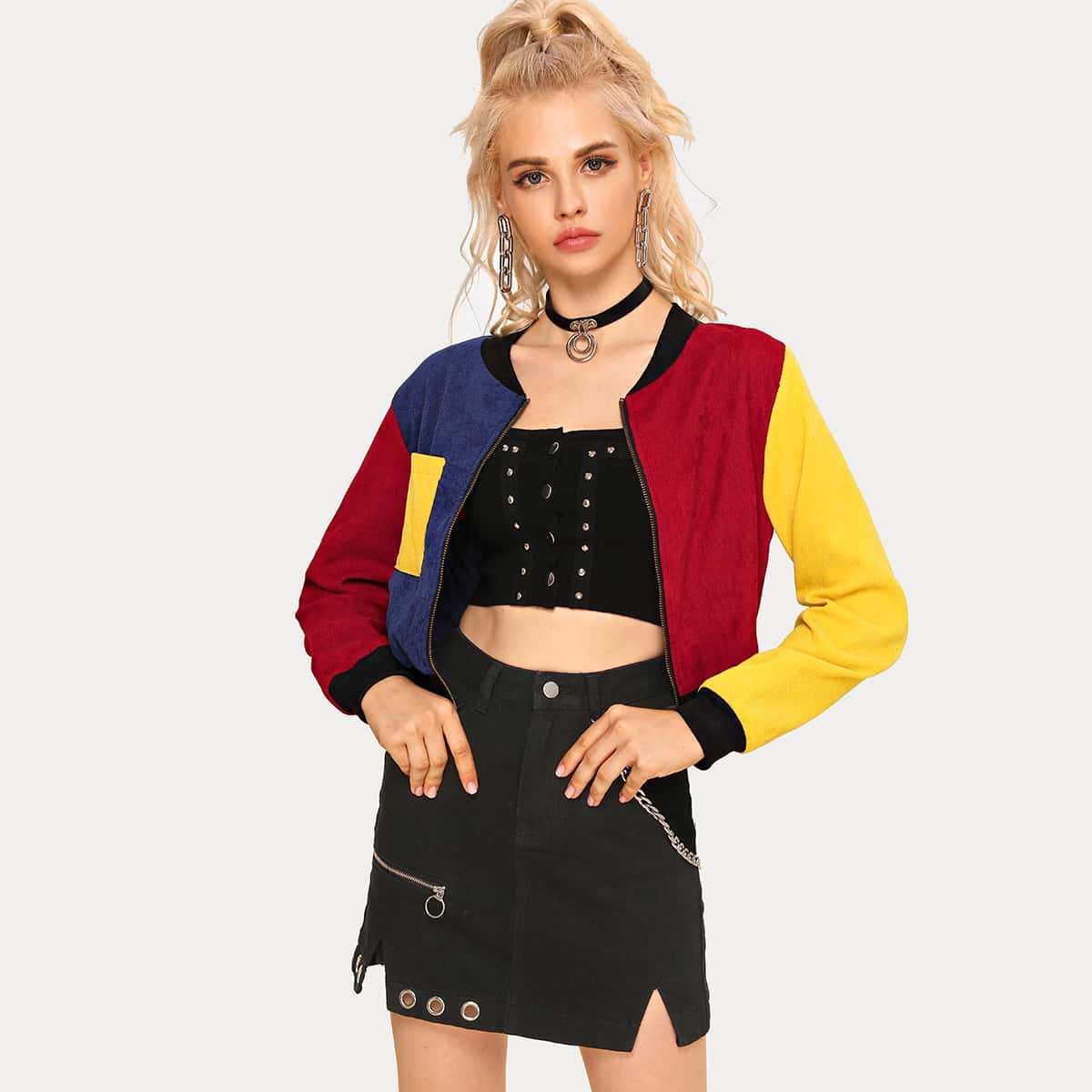 

Color-block Zip-up Corduroy Bomber Jacket, Multicolor