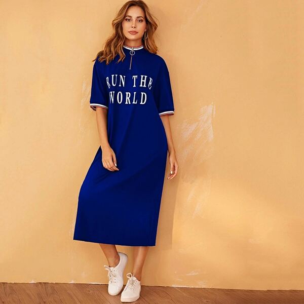 

Zip Half Placket Slogan Print Striped Ringer Dress, Navy blue