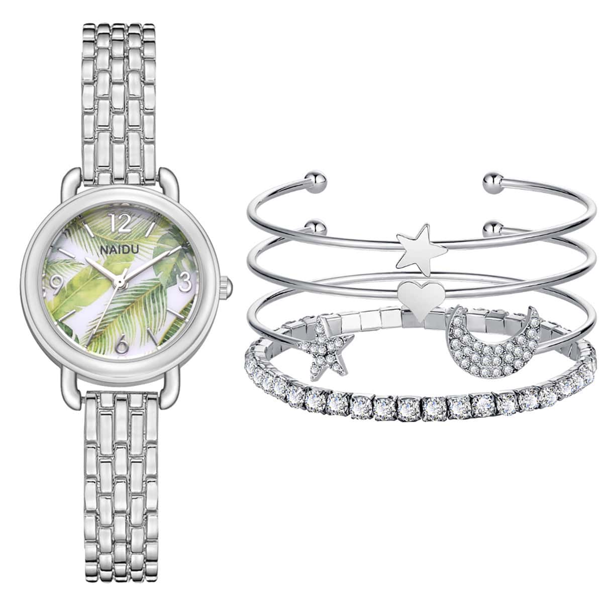 

1pc Leaf Print Dial Watch & 4pcs Bracelet