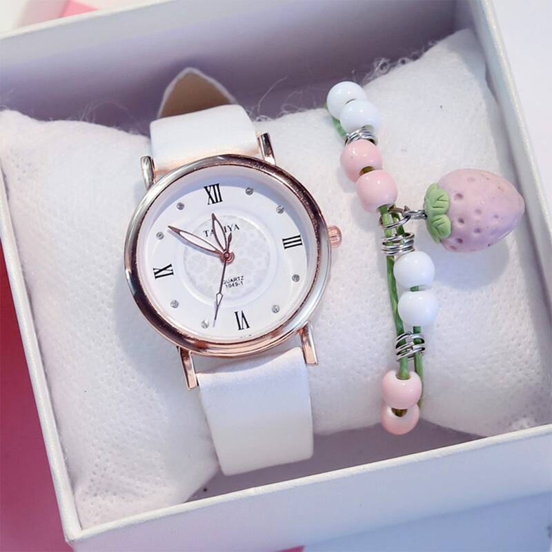

1pc Pu Strap Quartz Watch & 1pc Bracelet