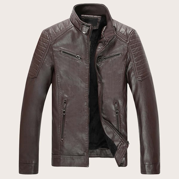 

Men Zipper Shearling Lined PU Jacket, Brown