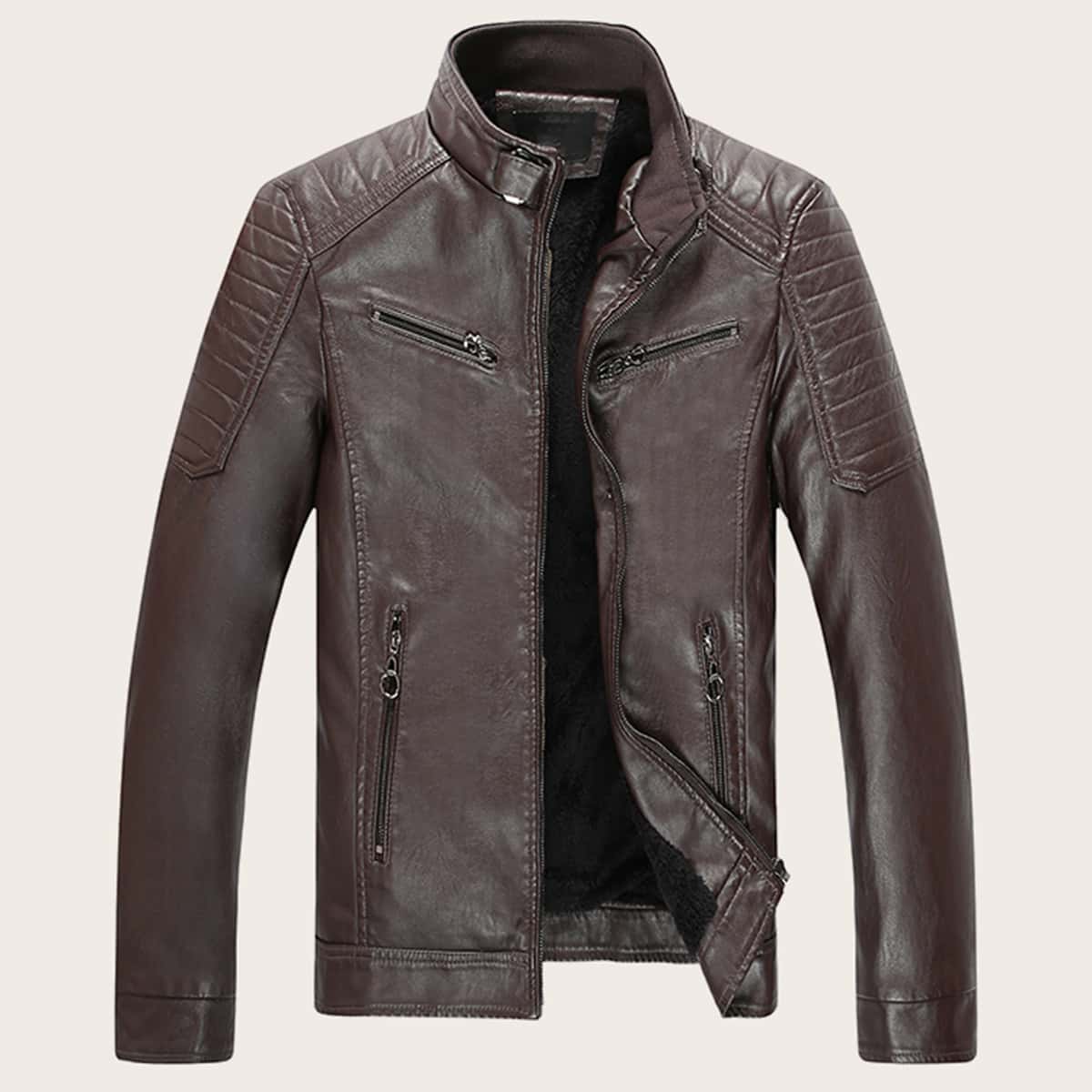 

Guys Zipper Shearling Lined PU Jacket, Brown