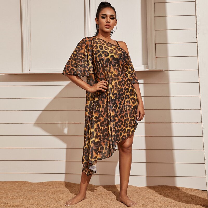 

Leopard Asymmetrical Hem Cover Up, Multicolor