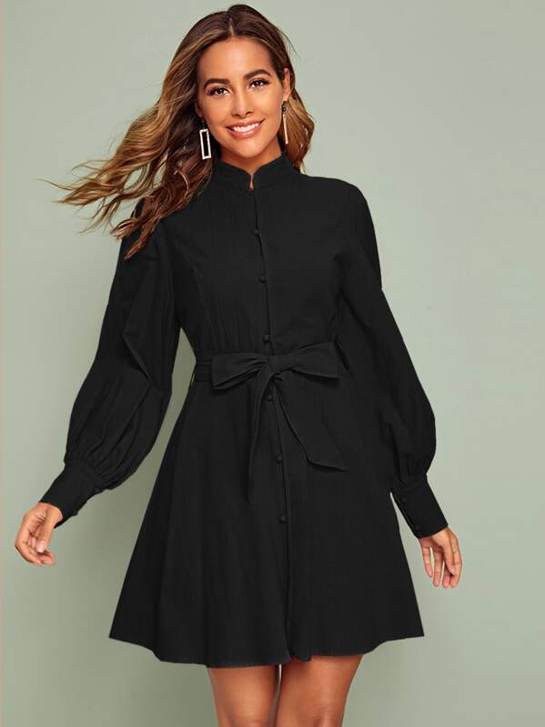 

Lantern Sleeve Mock-neck Belted Shirt Dress, Black, Giulia