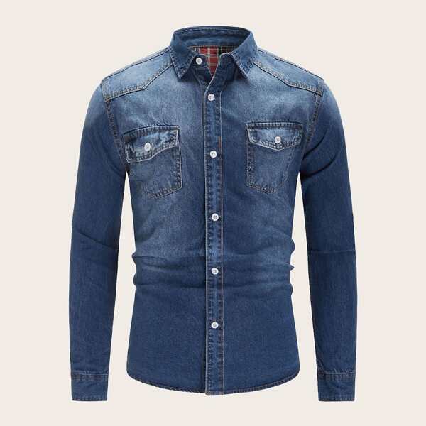 

Men Single Breasted Washed Denim Shirt, Navy