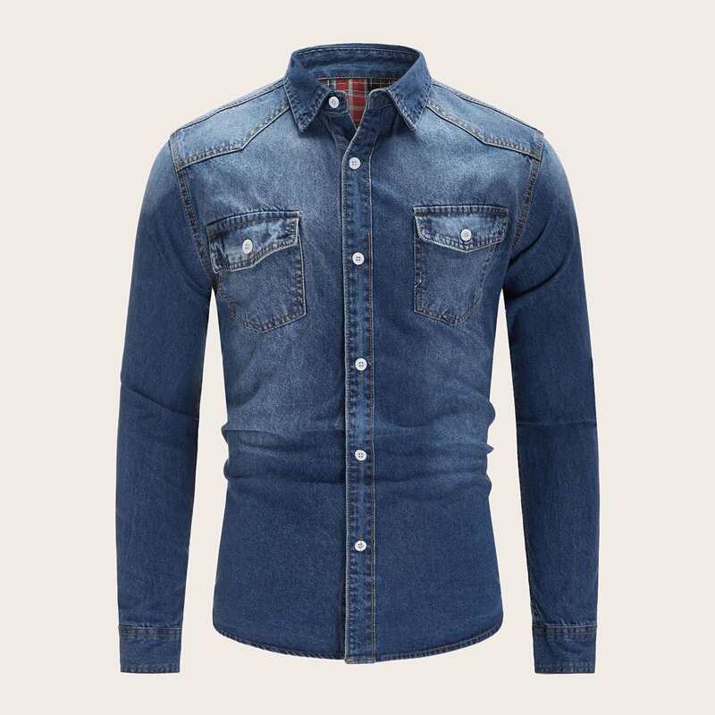

Guys Single Breasted Washed Denim Shirt, Navy