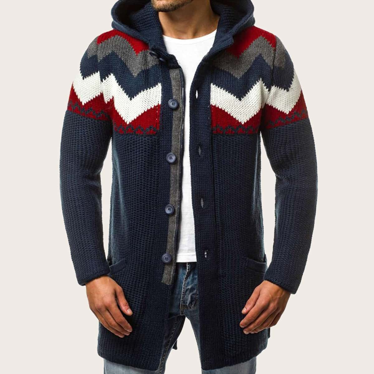 

Guys Zip Chervon Pattern Hooded Cardigan, Navy