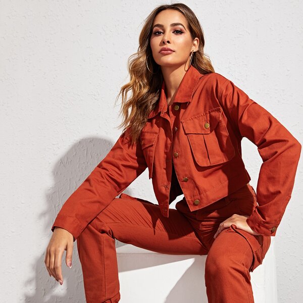 

Button Front Flap Pocket Crop Trucker Denim Jacket, Red