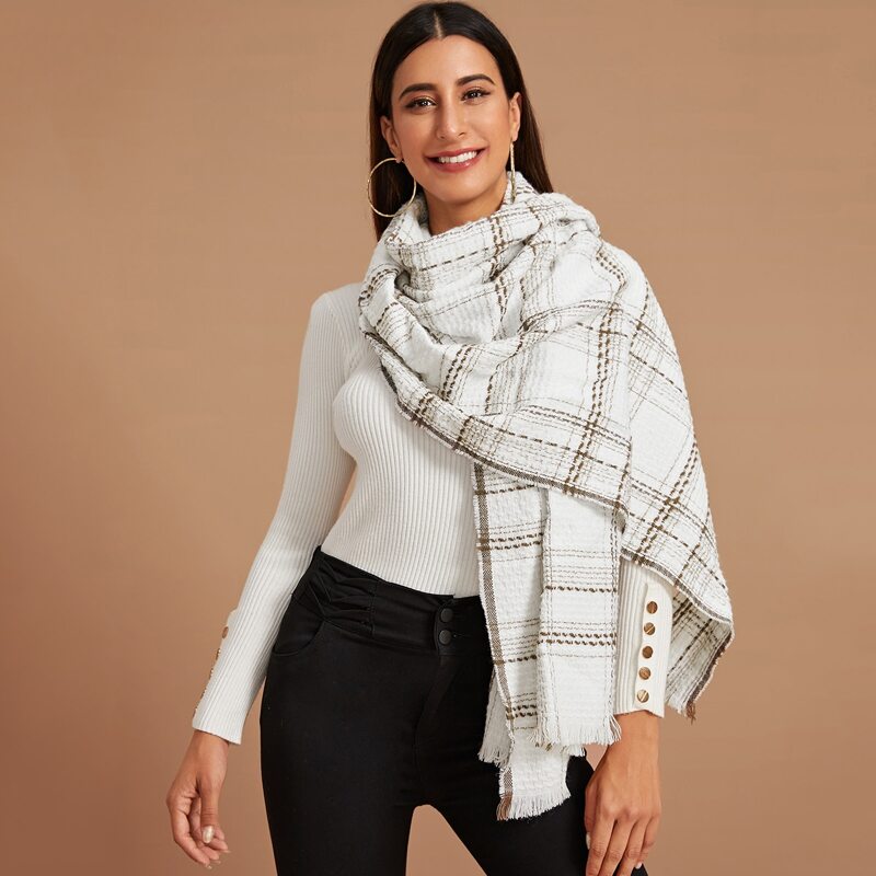 

Plaid Pattern Raw Hem Scarf, White