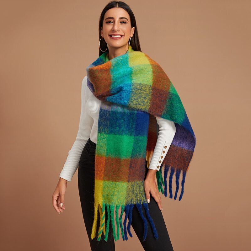 

Colorful Plaid Fringe Scarf, Multicolor